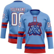 Load image into Gallery viewer, Custom Light Blue Royal-Red Hockey Lace Neck Jersey
