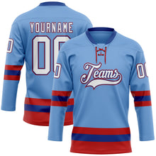 Load image into Gallery viewer, Custom Light Blue Royal-Red Hockey Lace Neck Jersey
