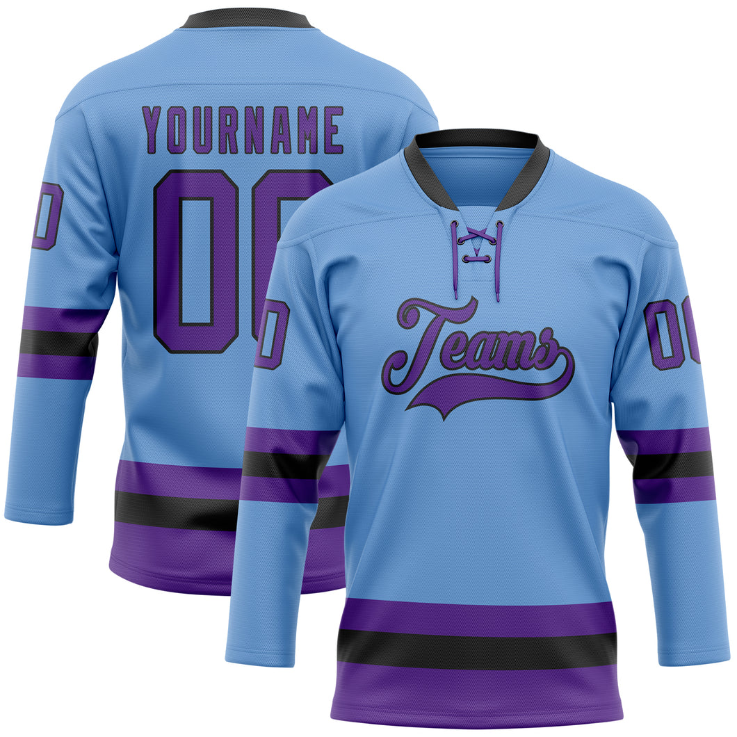 Custom Light Blue Purple-Black Hockey Lace Neck Jersey