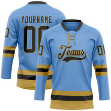 Load image into Gallery viewer, Custom Light Blue Black-Old Gold Hockey Lace Neck Jersey
