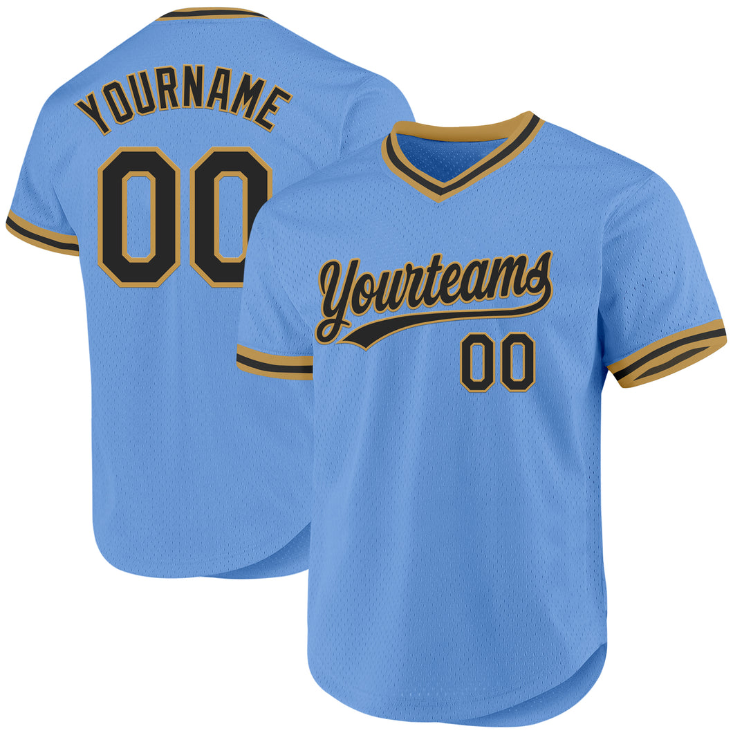 Custom Light Blue Black-Old Gold Authentic Throwback Baseball Jersey