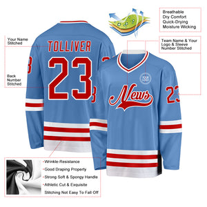 Custom Light Blue Red-White Hockey Jersey