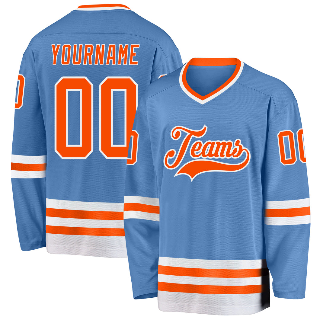 Custom Light Blue Orange-White Hockey Jersey