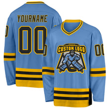 Load image into Gallery viewer, Custom Light Blue Black-Gold Hockey Jersey
