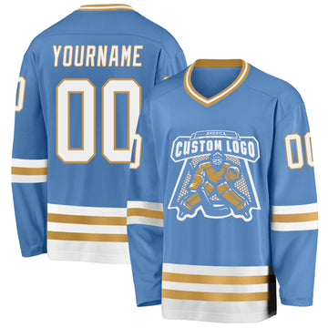 Custom Light Blue White-Old Gold Hockey Jersey