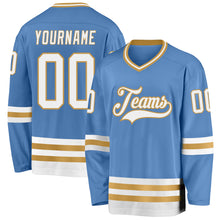 Load image into Gallery viewer, Custom Light Blue White-Old Gold Hockey Jersey
