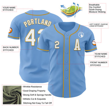 Custom Light Blue White-Old Gold Authentic Baseball Jersey