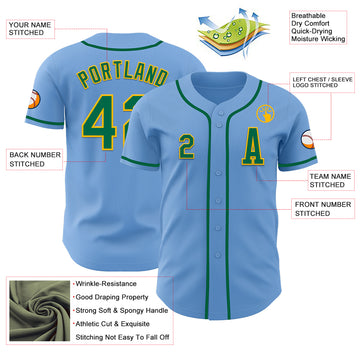 Custom Light Blue Kelly Green-Gold Authentic Baseball Jersey