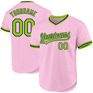 Custom Light Pink Neon Green-Navy Authentic Throwback Baseball Jersey