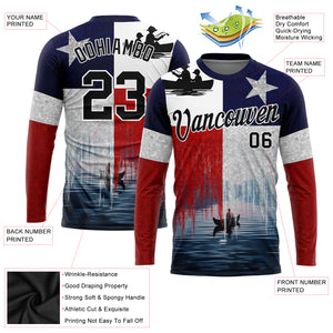 Custom Red Black-Navy 3D Texas Flag And Fish Fishing Long Sleeve Performance T-Shirt