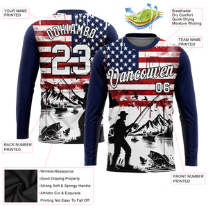 Custom Navy Black-Red 3D American Flag And Fish Fishing Long Sleeve Performance T-Shirt