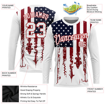 Custom White Red-Navy 3D American Flag And Fish Hook Fishing Long Sleeve Performance T-Shirt