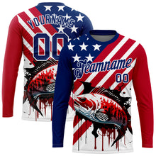 Load image into Gallery viewer, Custom US Navy Blue Red-White 3D American Flag And Bass Fish Fishing Long Sleeve Performance T-Shirt
