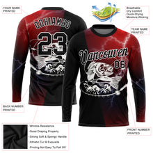 Load image into Gallery viewer, Custom Red Black-White 3D Lightning And Bass Fish Fishing Long Sleeve Performance T-Shirt
