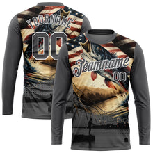 Load image into Gallery viewer, Custom Steel Gray White 3D American Flag And Fish Fishing Long Sleeve Performance T-Shirt
