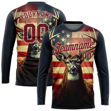 Custom Navy Crimson-City Cream 3D Animal Deer Hunting American Flag Long Sleeve Performance T-Shirt