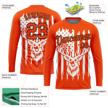 Custom Orange Black-White 3D Animal Deer Hunting American Flag Long Sleeve Performance T-Shirt