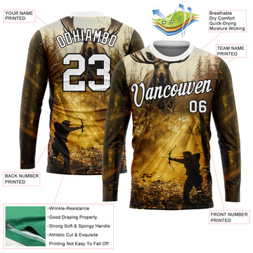 Custom Old Gold White-Black 3D Animal Deer Hunting Tool Arrow Hunter Long Sleeve Performance T-Shirt