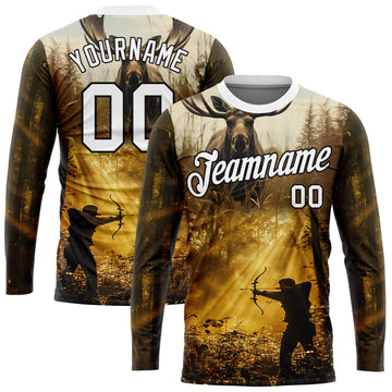 Custom Old Gold White-Black 3D Animal Deer Hunting Tool Arrow Hunter Long Sleeve Performance T-Shirt