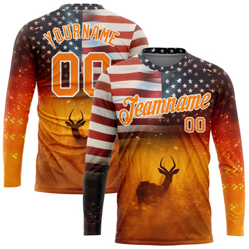 Custom Bay Orange White 3D Animal Deer Hunting American Flag Long Sleeve Performance T-Shirt