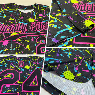 Custom Graffiti Pattern Black-Pink 3D Neon Splatter Authentic Baseball Jersey