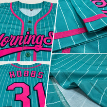 Load image into Gallery viewer, Custom Aqua White Pinstripe Pink-Navy Authentic Baseball Jersey
