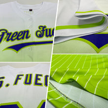 Load image into Gallery viewer, Custom White Pinstripe Purple-Neon Green Authentic Fade Fashion Baseball Jersey
