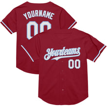 Load image into Gallery viewer, Custom Maroon White-Light Blue Mesh Authentic Throwback Baseball Jersey
