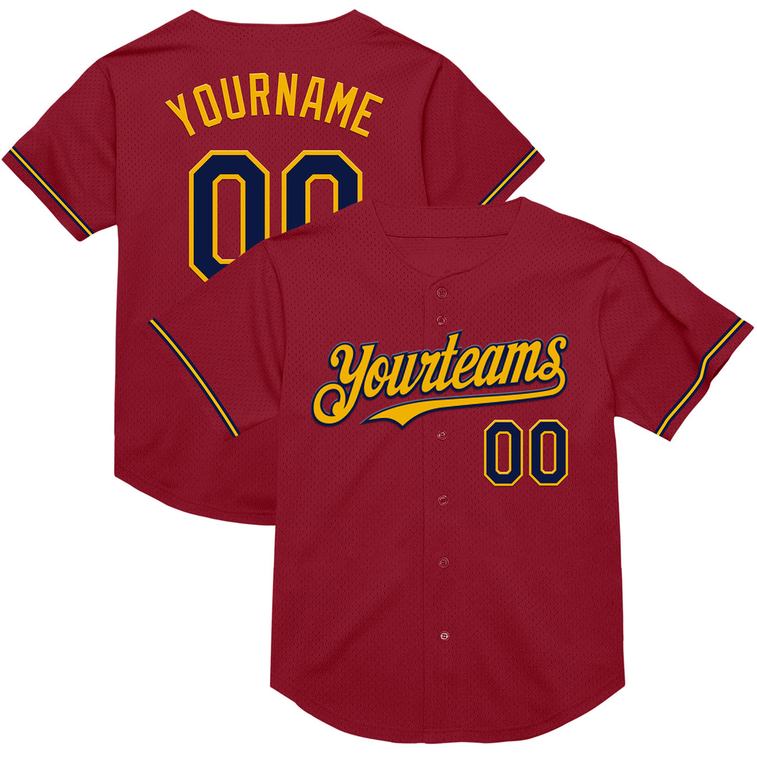 Custom Maroon Navy-Gold Mesh Authentic Throwback Baseball Jersey