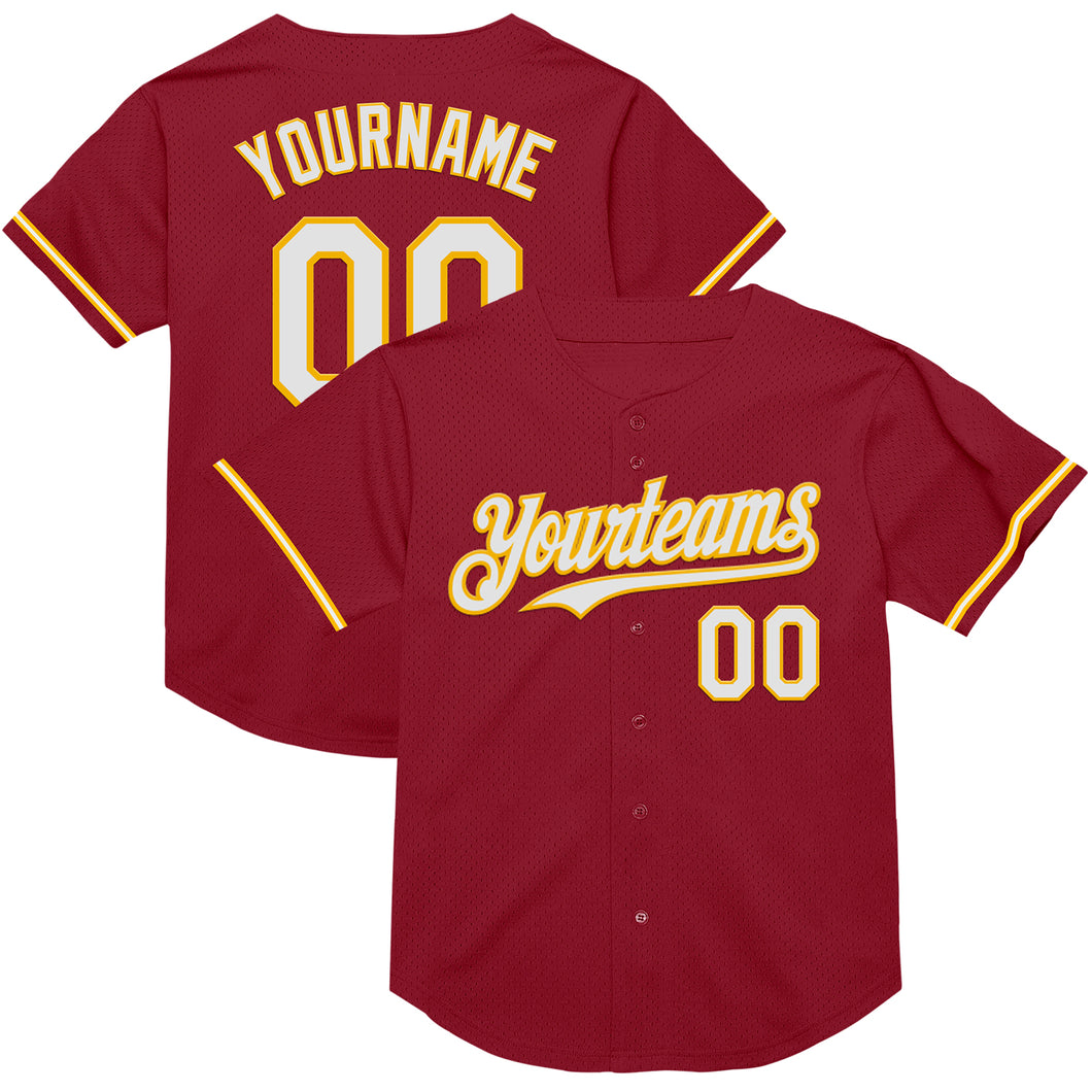 Custom Maroon White-Gold Mesh Authentic Throwback Baseball Jersey