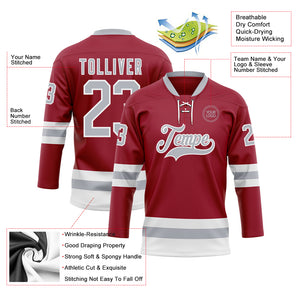 Custom Maroon Gray-White Hockey Lace Neck Jersey