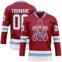 Load image into Gallery viewer, Custom Maroon White-Light Blue Hockey Lace Neck Jersey
