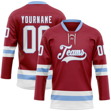 Load image into Gallery viewer, Custom Maroon White-Light Blue Hockey Lace Neck Jersey
