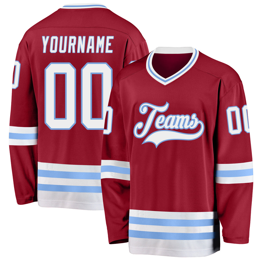 Custom Maroon White-Light Blue Hockey Jersey