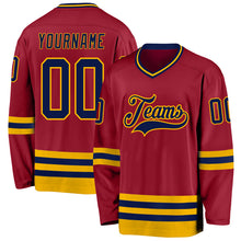 Load image into Gallery viewer, Custom Maroon Navy-Gold Hockey Jersey
