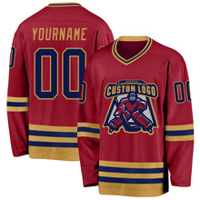 Load image into Gallery viewer, Custom Maroon Navy-Old Gold Hockey Jersey
