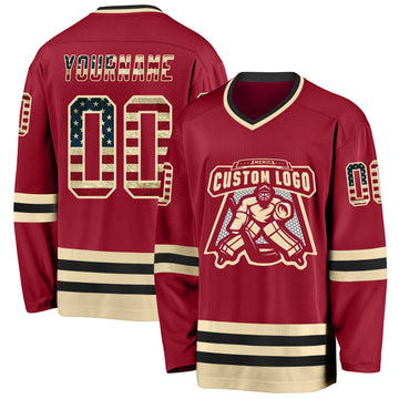 Custom Maroon Vintage USA Flag Cream-Black Hockey Jersey