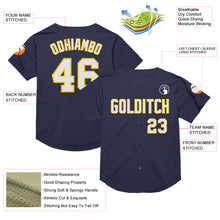 Load image into Gallery viewer, Custom Navy White-Yellow Mesh Authentic Throwback Baseball Jersey
