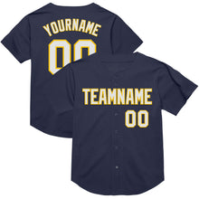 Load image into Gallery viewer, Custom Navy White-Yellow Mesh Authentic Throwback Baseball Jersey
