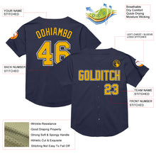 Load image into Gallery viewer, Custom Navy Gold-White Mesh Authentic Throwback Baseball Jersey
