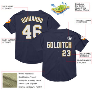 Custom Navy White-Old Gold Mesh Authentic Throwback Baseball Jersey