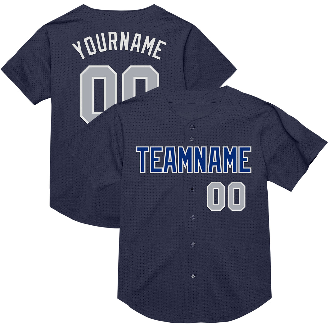 Custom Navy Gray-Royal Mesh Authentic Throwback Baseball Jersey