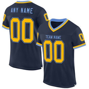 Custom Navy Gold-Light Blue Mesh Authentic Throwback Football Jersey