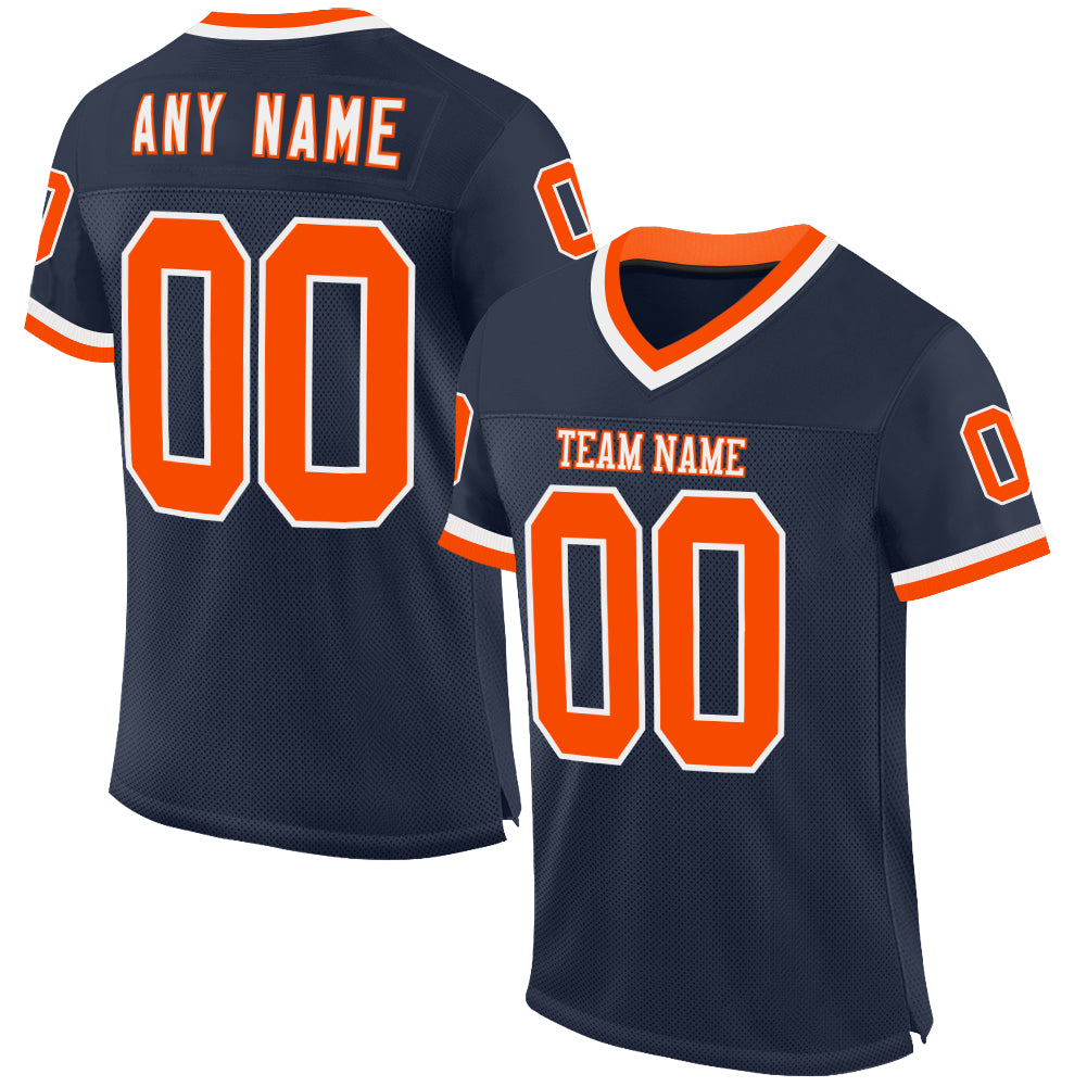 Custom Navy Orange-White Mesh Authentic Throwback Football Jersey