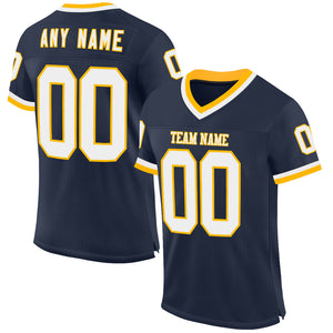 Custom Navy White-Gold Mesh Authentic Throwback Football Jersey