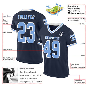 Custom Navy Light Blue-White Mesh Authentic Throwback Football Jersey