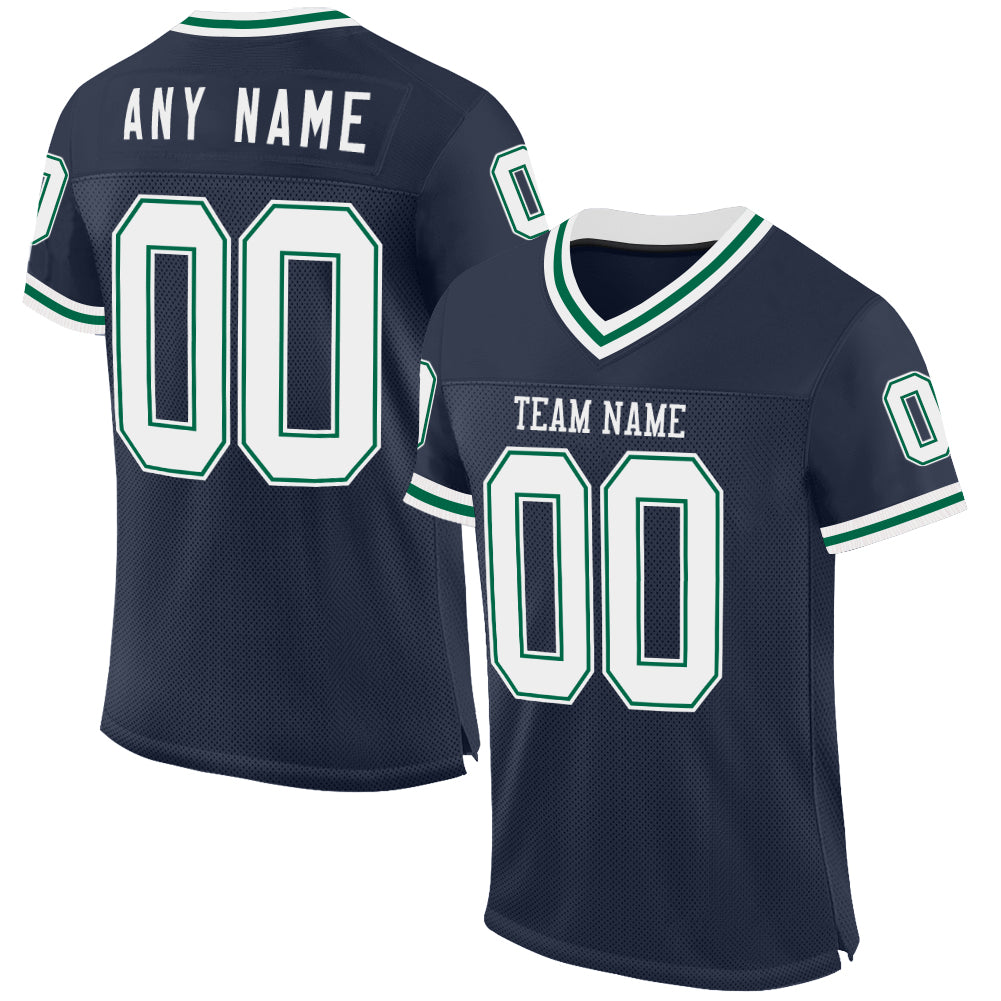 Custom Navy White-Kelly Green Mesh Authentic Throwback Football Jersey