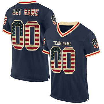 Custom Navy Vintage USA Flag Cream-Red Mesh Authentic Throwback Football Jersey