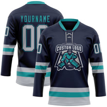 Load image into Gallery viewer, Custom Navy Gray-Teal Hockey Lace Neck Jersey
