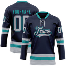 Load image into Gallery viewer, Custom Navy Gray-Teal Hockey Lace Neck Jersey
